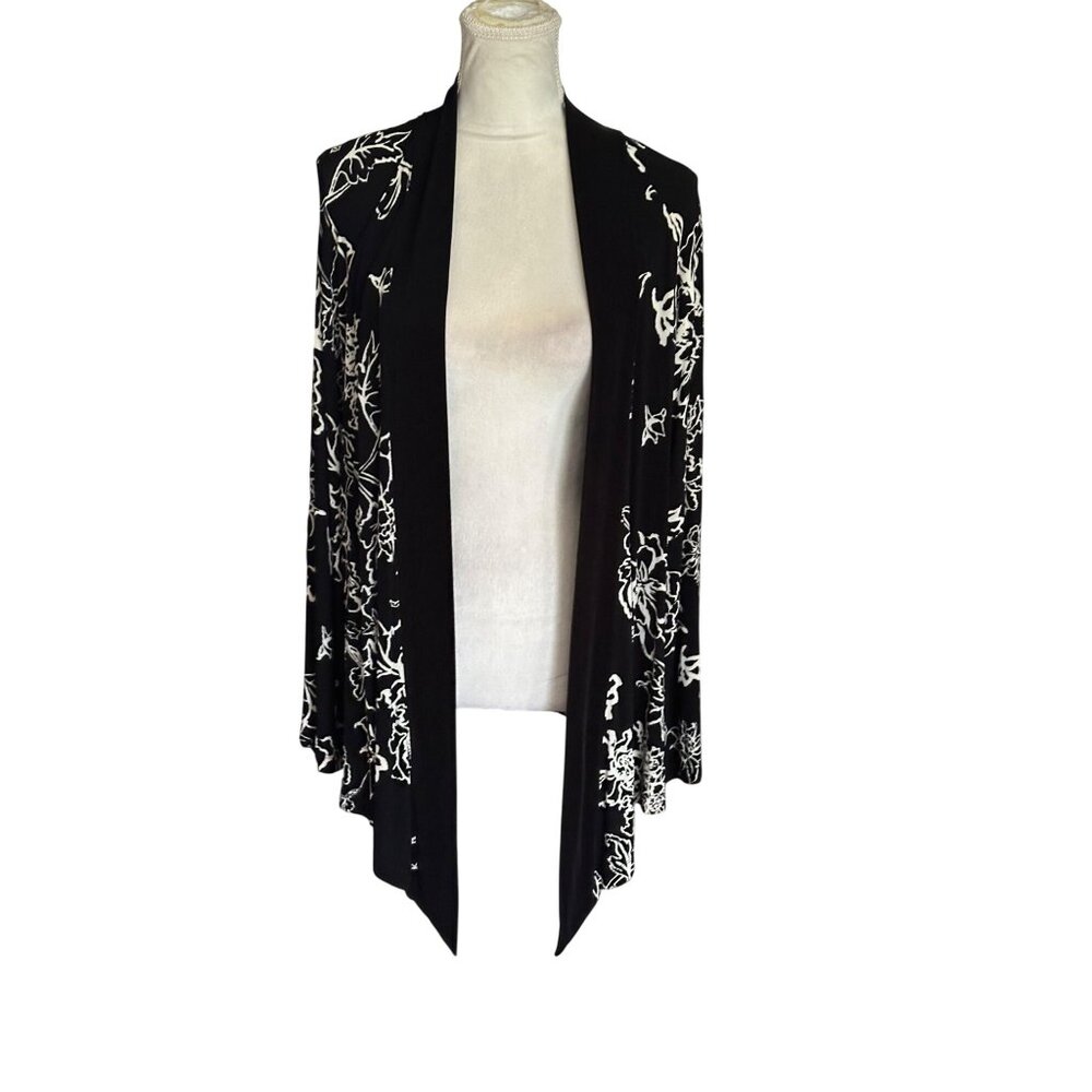 Chicos Travelers Womens L Open Front Floral Print Cardigan Slinky Knit Duster